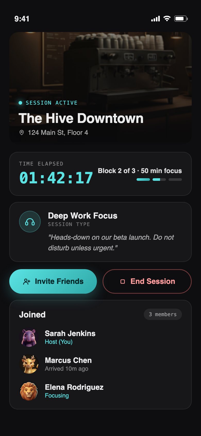 plug app:an active session with a timer, focus block progress, and who has joined