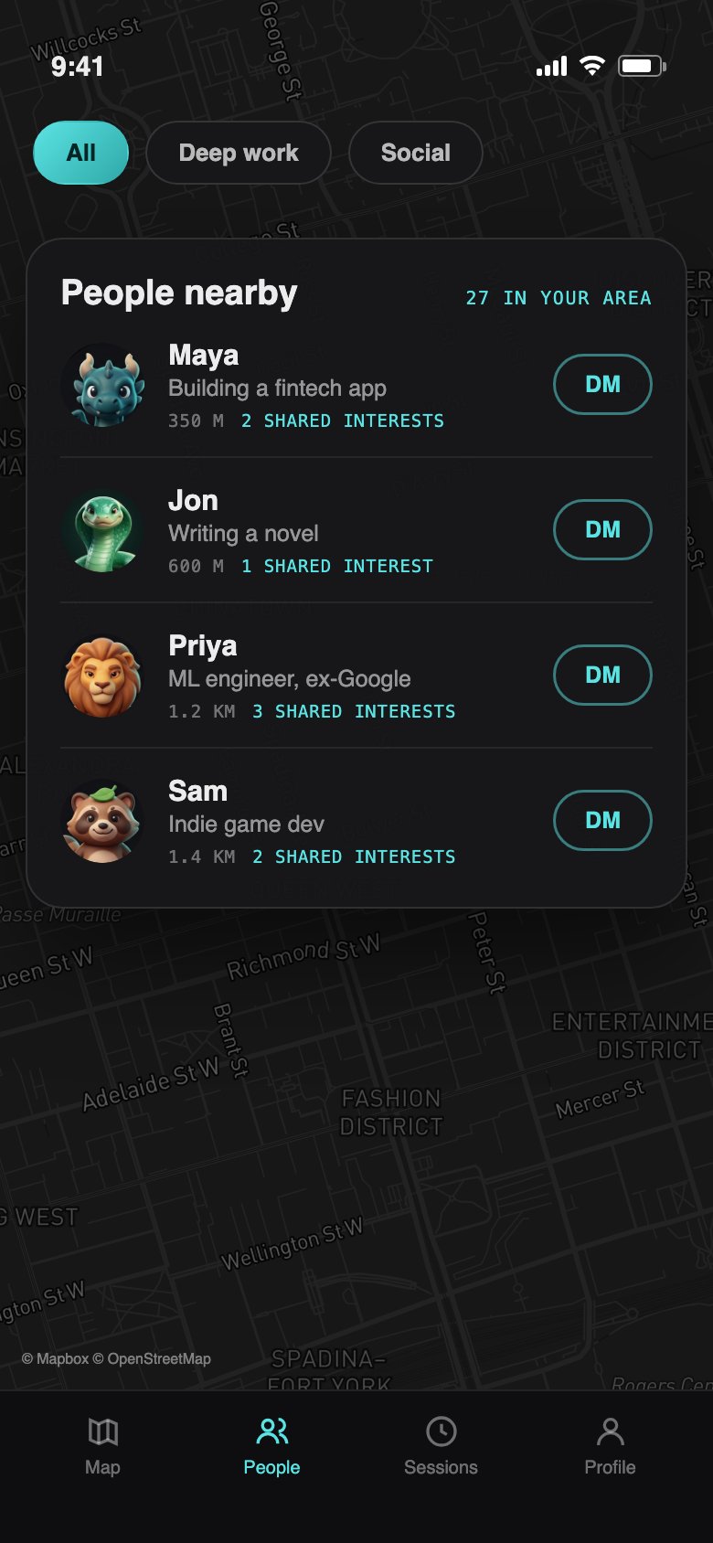 plug app:builders nearby with what each person is building, shared interests, and a DM button