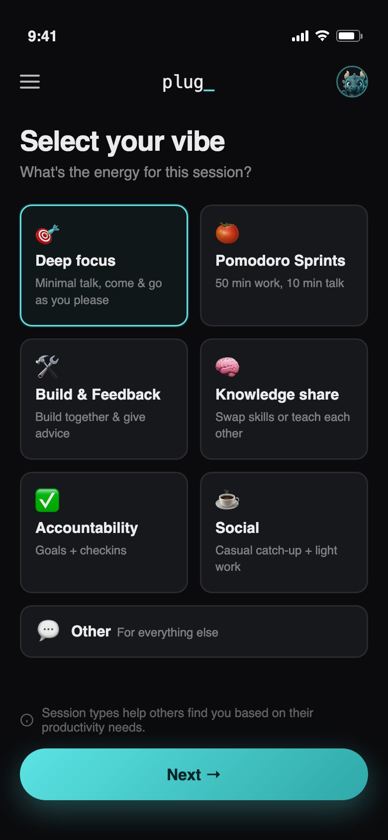 plug app: choosing the vibe for your session from deep focus, pomodoro sprints, build and feedback, knowledge share, accountability, social, and more